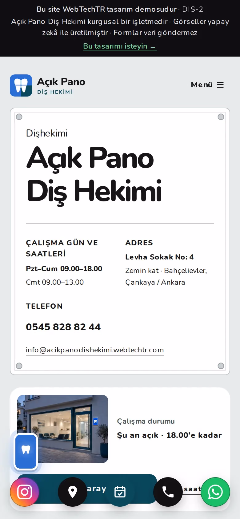 Açık Pano Diş Hekimi tasarımının telefon görünümü (Diş kliniği)