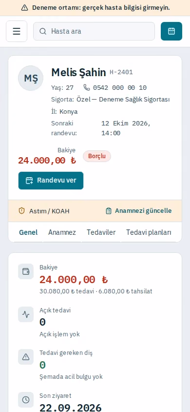 Hasta dosyası ekranı (demo verisiyle)