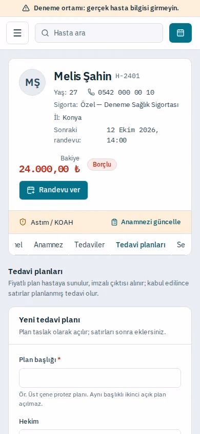 Tedavi planı ekranı (demo verisiyle)