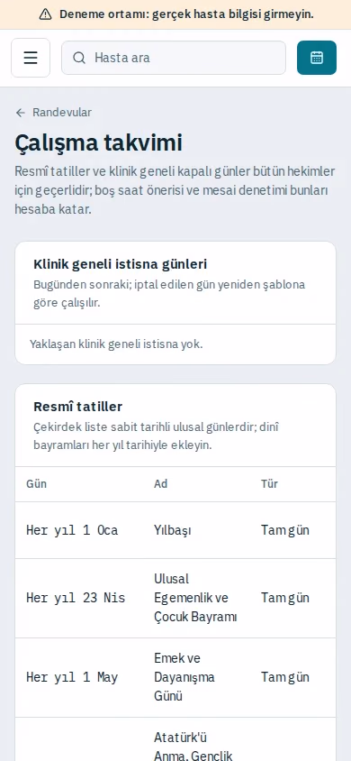 Randevu takvimi ekranı (demo verisiyle)