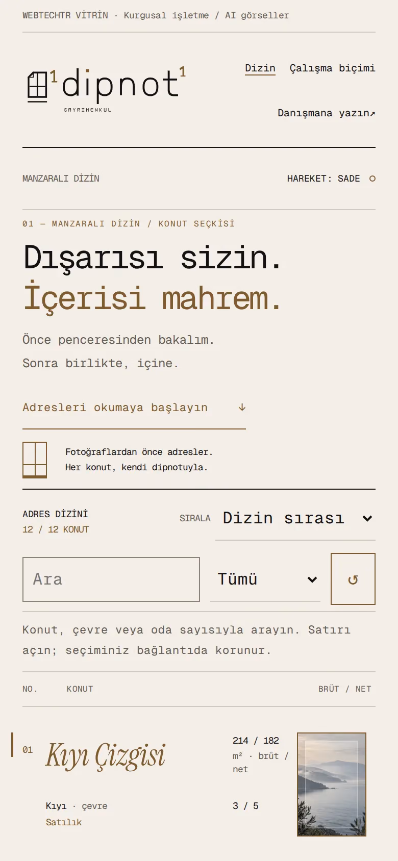 Dipnot Gayrimenkul tasarımının telefon görünümü (Emlak)