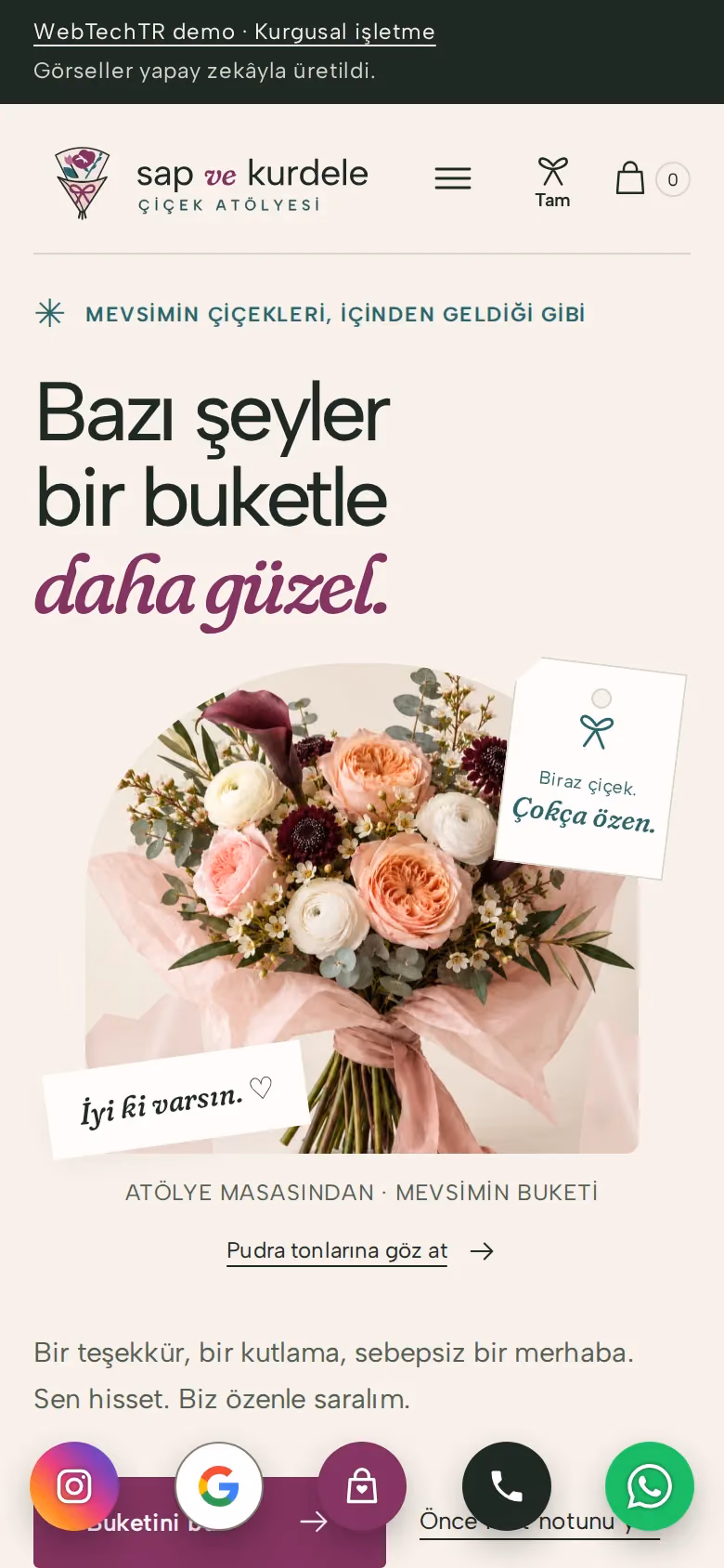 Sap ve Kurdele Çiçek tasarımının telefon görünümü (E-ticaret)
