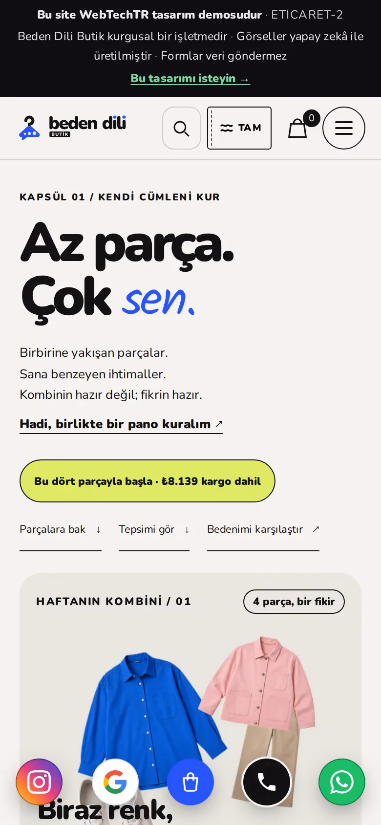 Beden Dili Butik tasarımının telefon görünümü (E-ticaret)