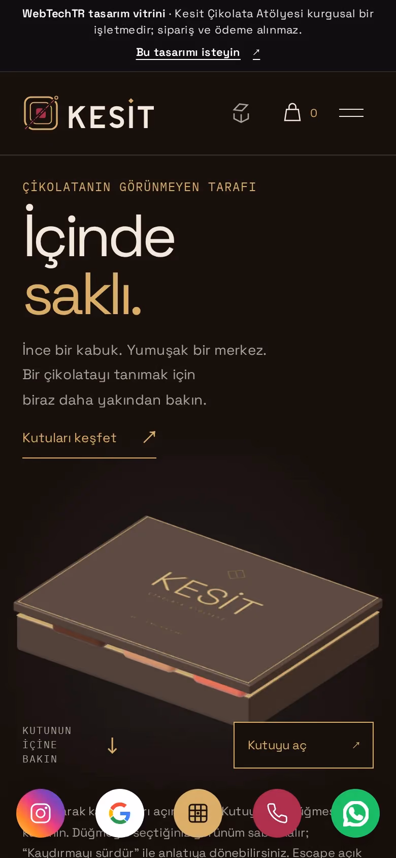 Kesit Çikolata Atölyesi tasarımının telefon görünümü (E-ticaret)