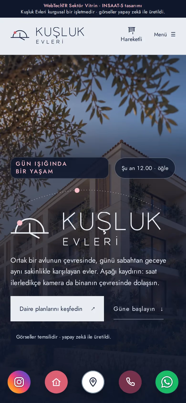 Kuşluk Evleri tasarımının telefon görünümü (İnşaat)