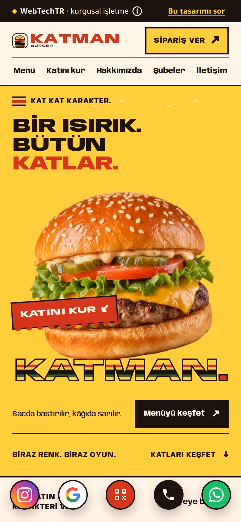 Katman Burger tasarımının telefon görünümü (Restoran)