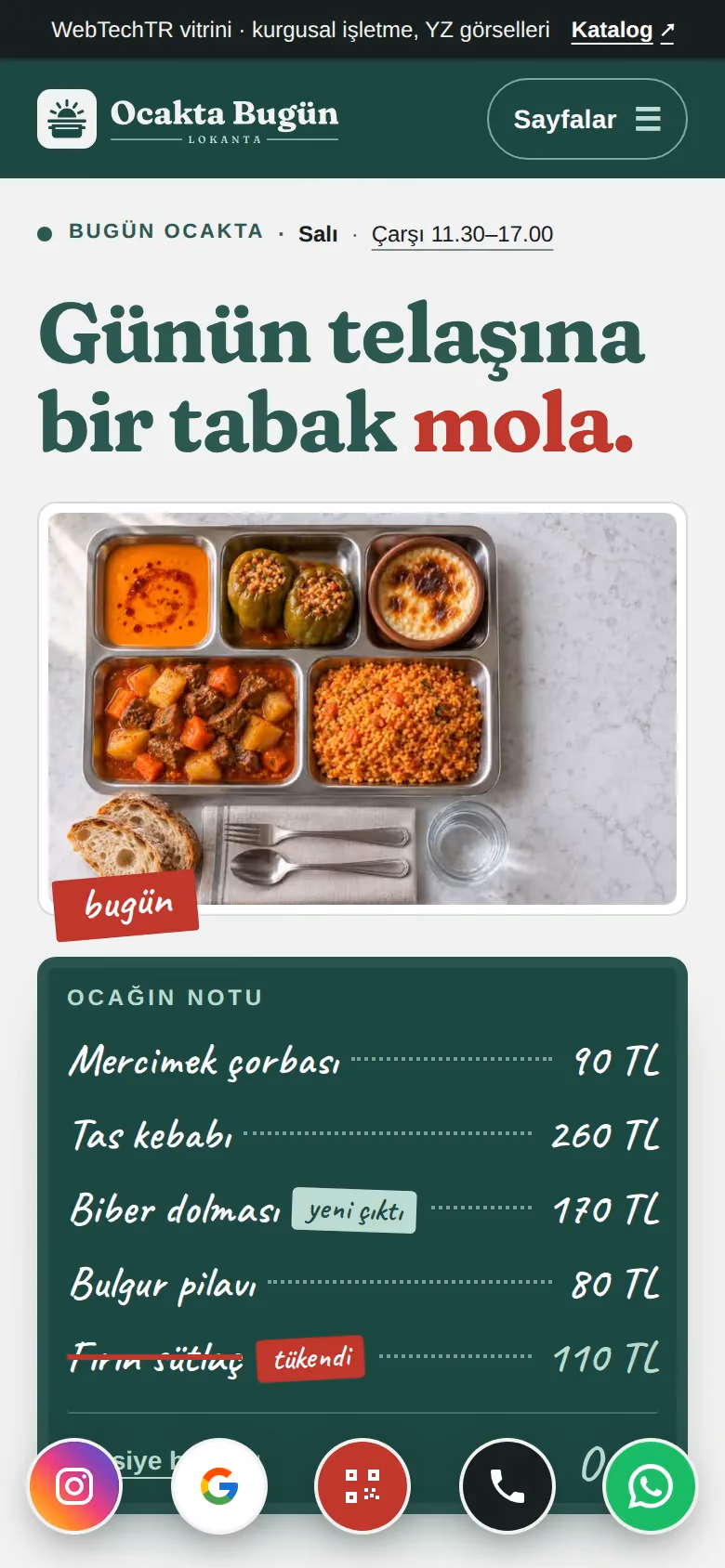Ocakta Bugün Lokanta tasarımının telefon görünümü (Restoran)