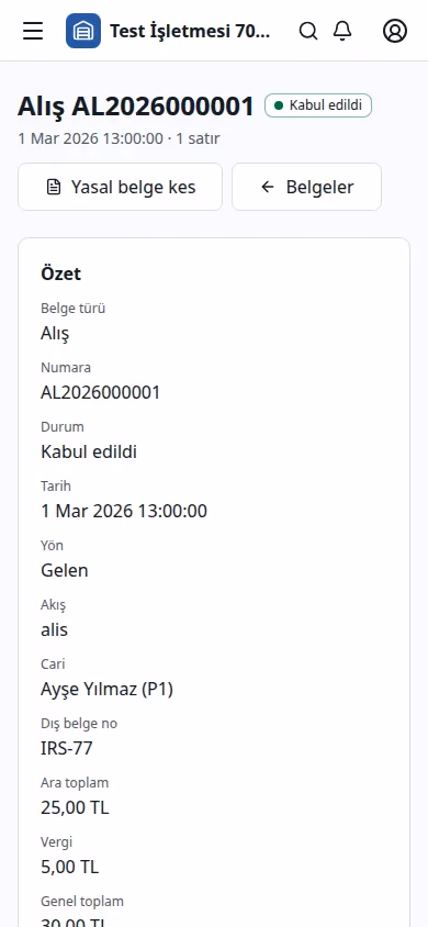Belge ayrıntısı ekranı (demo verisiyle)