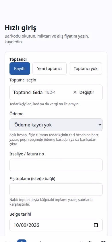 Hızlı mal kabul ekranı (demo verisiyle)
