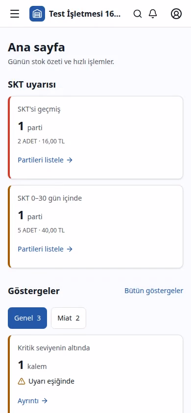 Günün özeti ekranı (demo verisiyle)
