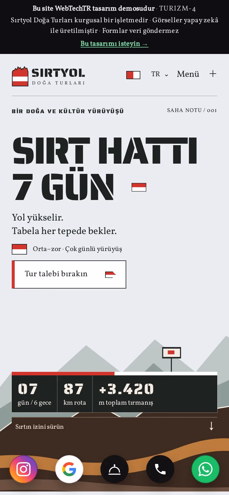 Sırtyol Doğa Turları tasarımının telefon görünümü (Turizm)